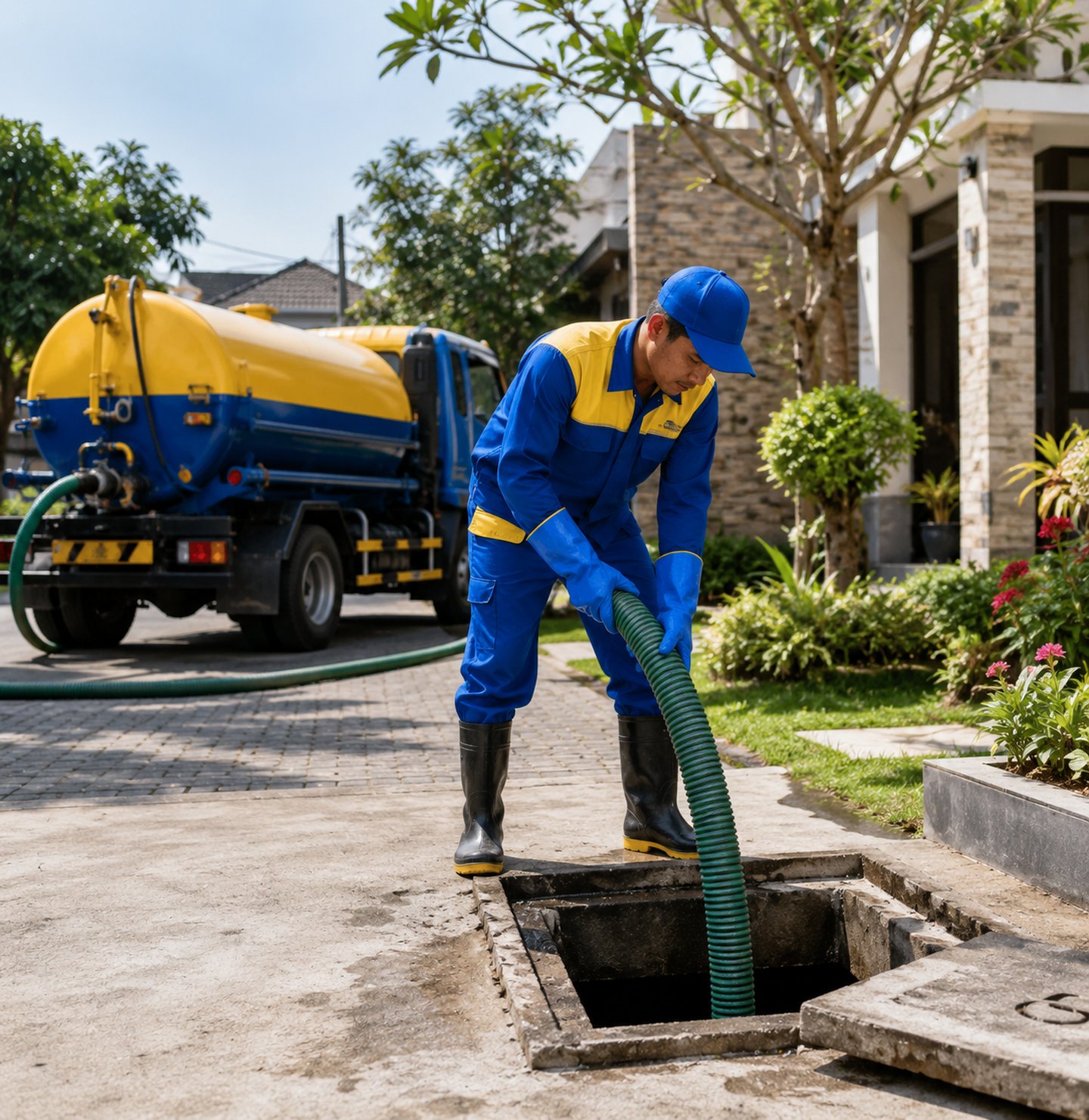 Teknisi jasa sedot WC Pangandaran menangani septic tank di rumah pelanggan